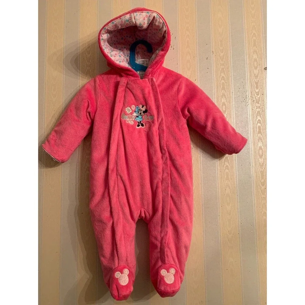 Minnie Mouse Disney Baby 3-6M PINK Cotton Lined Convertible 2 Zip Snowsuit